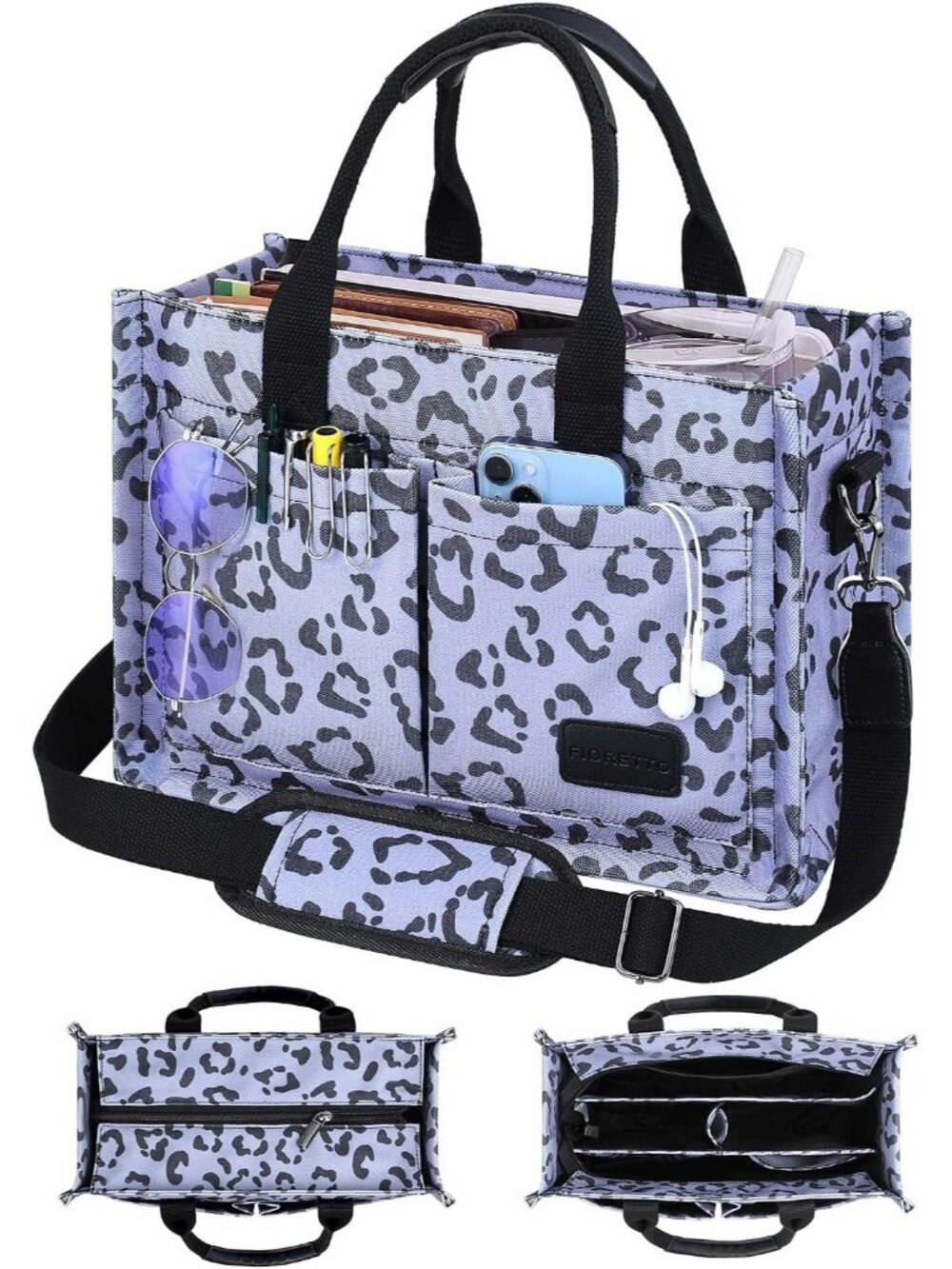 FIORETTO Canvas Women's Leopard Gray Tote Bag Zipper Compartments Pockets Bags